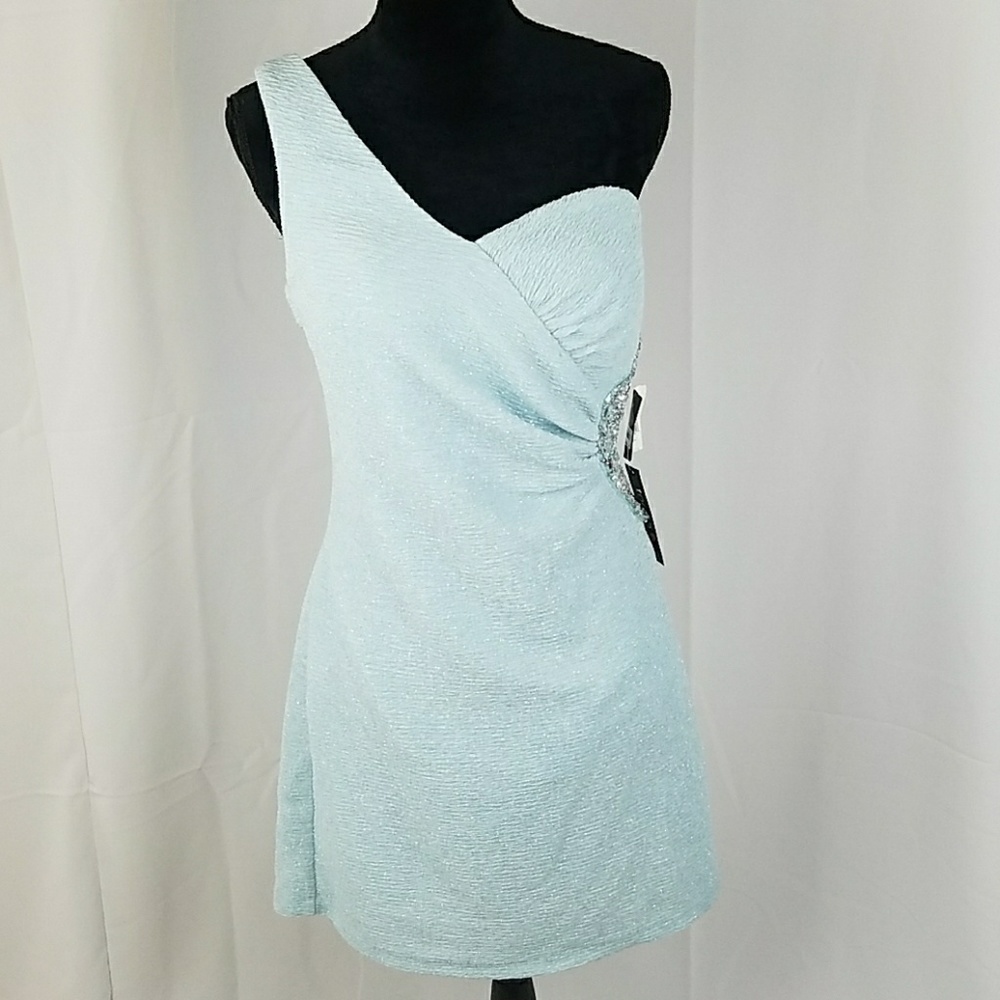 Teeze Me women 13/14 dress baby blue shimmer one shoulder cocktail nightclub